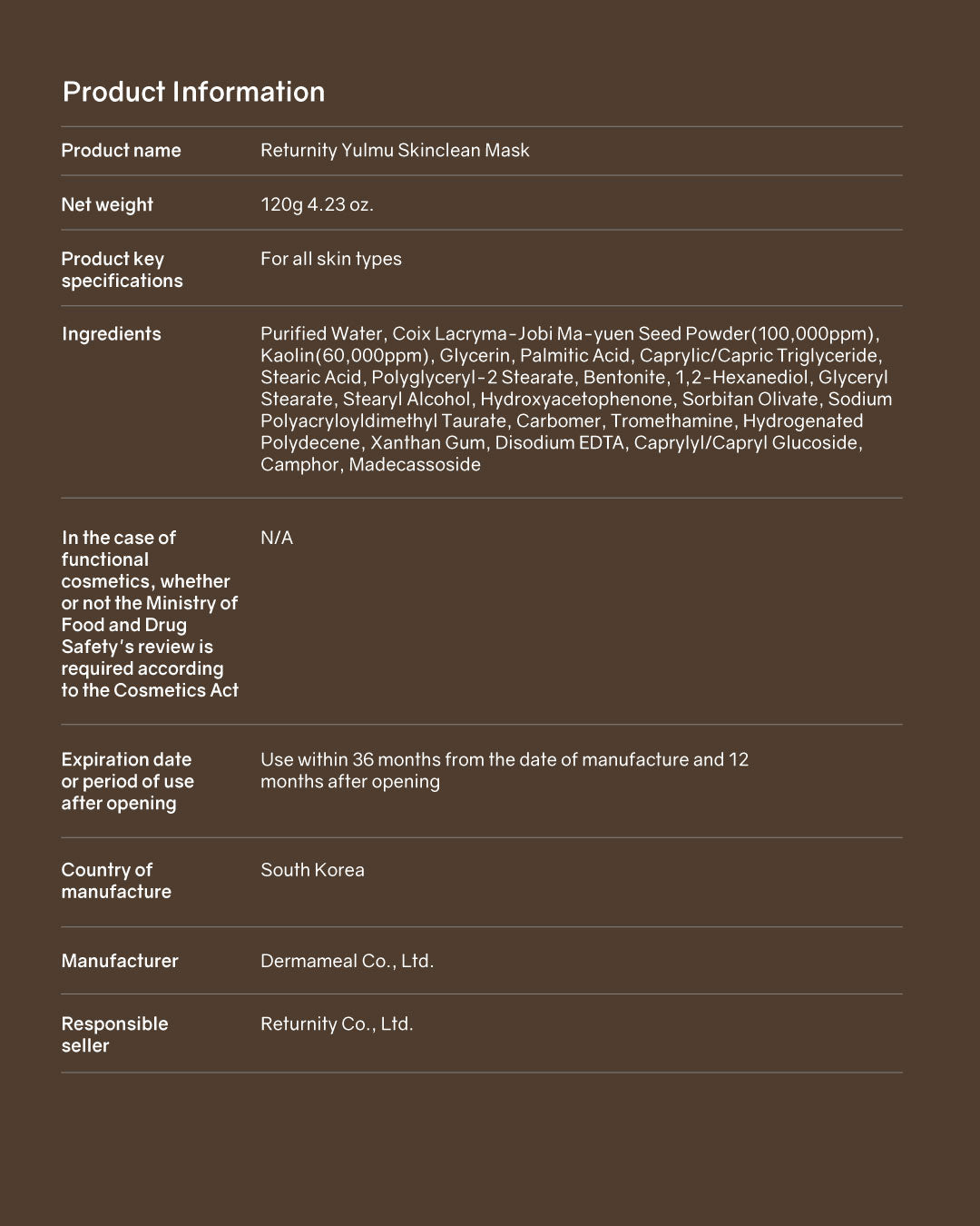 Returnity Yulmu Skinclean Mask 120g